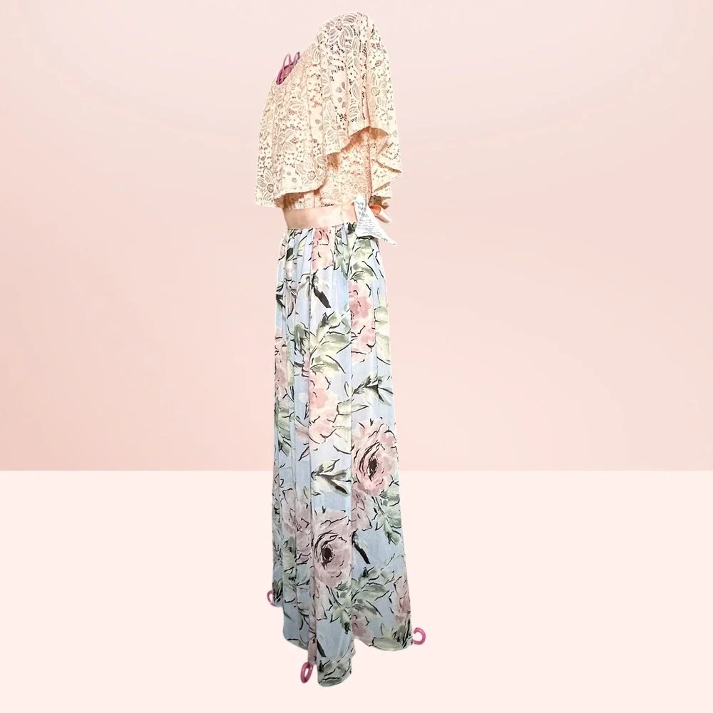 Ellen Weaver Floral Lace Off-Shoulder Maxi Dress Blue Blush Romantic Small NEW